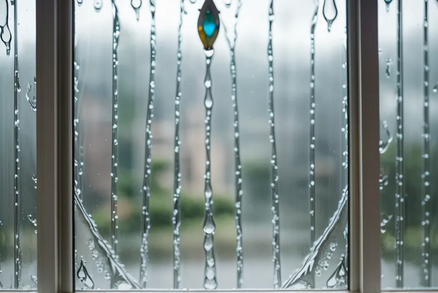 Gouttes de pluie sur une vitre avec les façades de Nice en arrière-plan, le désaccord resté bloqué à l'intérieur
